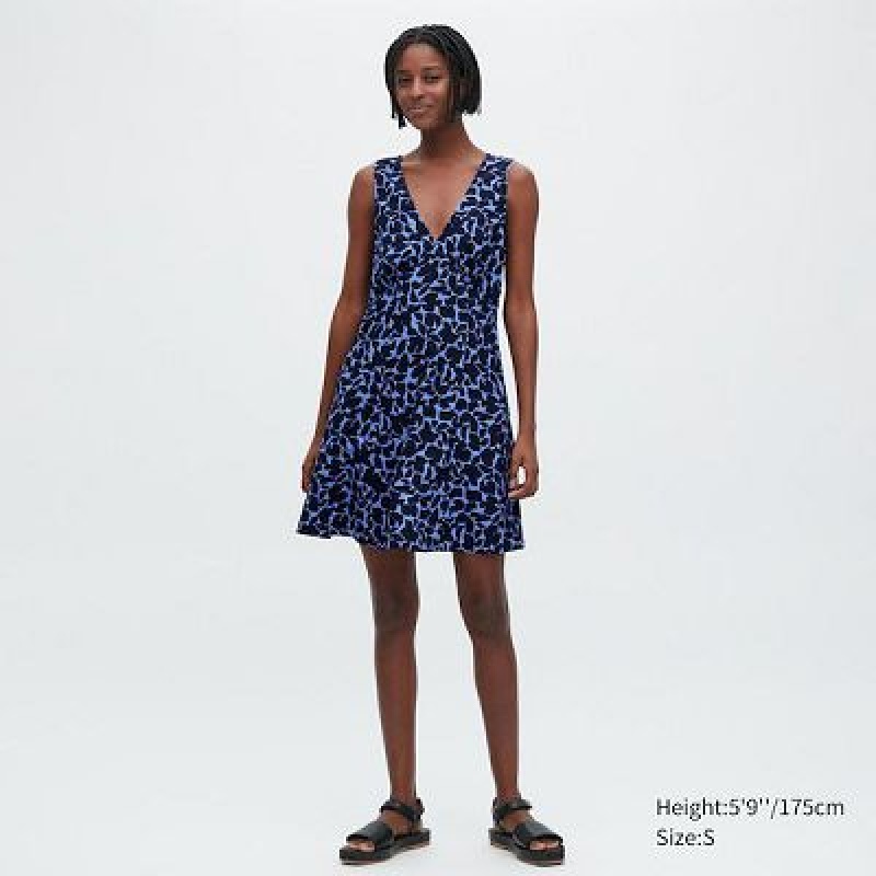 Peignoir Uniqlo Printed V-Neck Sleeveless Mini Femme Bleu | 3804835
