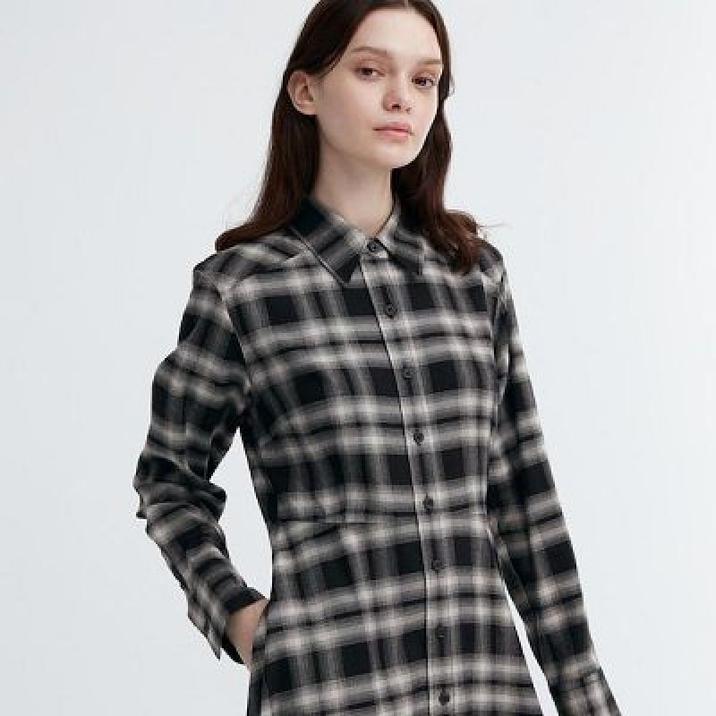 Peignoir Uniqlo Soft Brushed Checked Long-Sleeve Femme Noir | 8539644