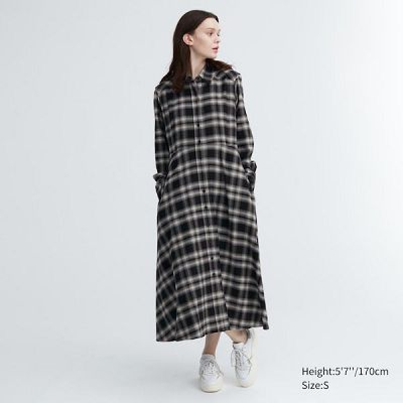 Peignoir Uniqlo Soft Brushed Checked Long-Sleeve Femme Noir | 8539644
