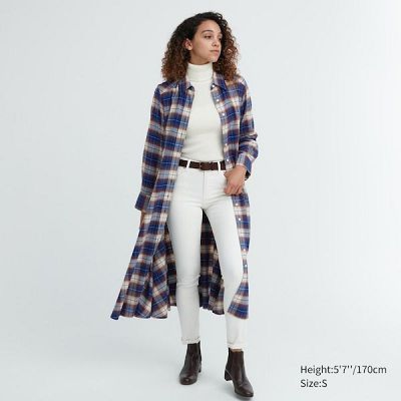 Peignoir Uniqlo Soft Brushed Checked Long-Sleeve Femme Bleu | 2733552