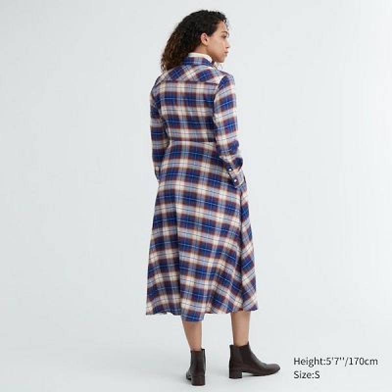 Peignoir Uniqlo Soft Brushed Checked Long-Sleeve Femme Bleu | 2733552