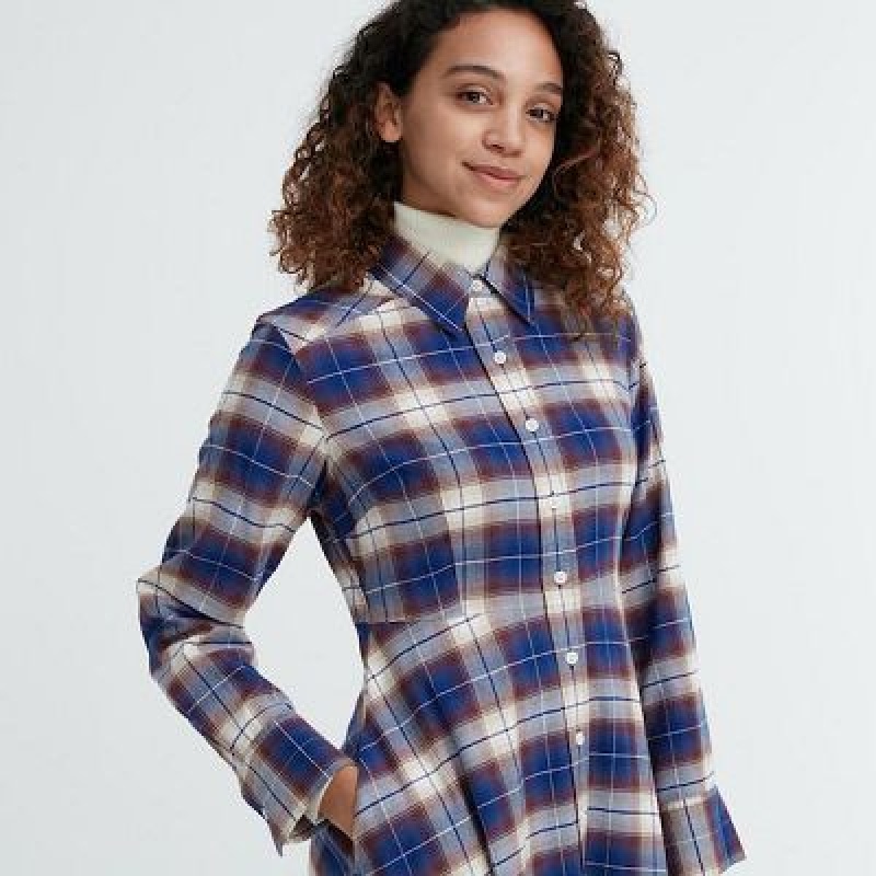 Peignoir Uniqlo Soft Brushed Checked Long-Sleeve Femme Bleu | 2733552