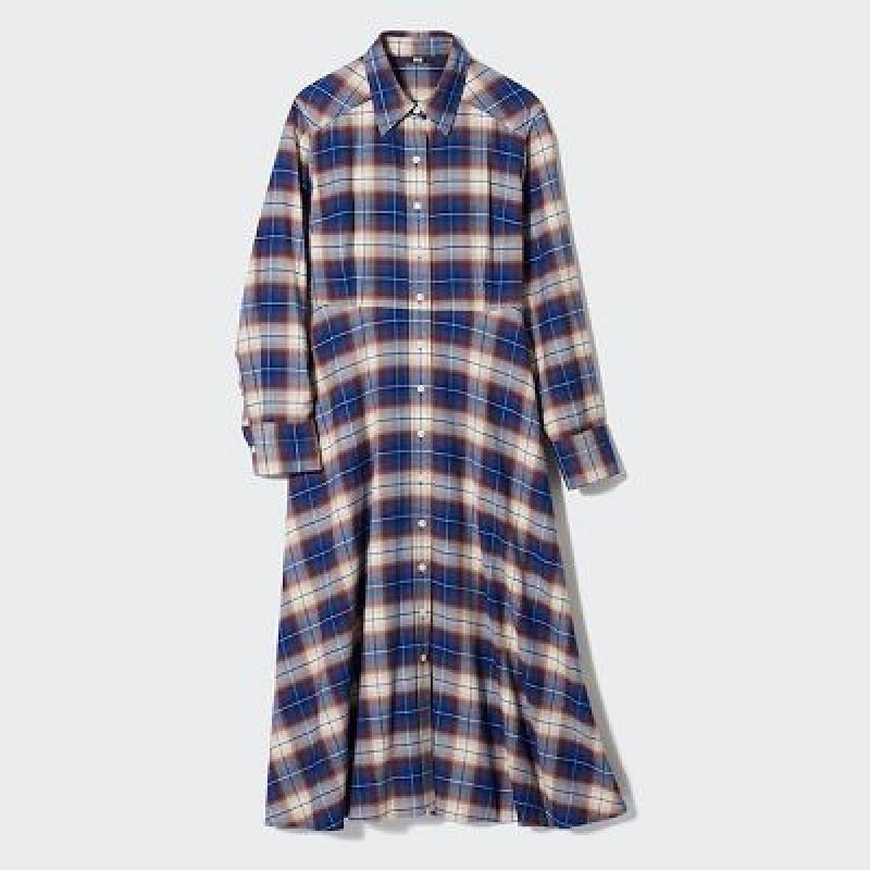 Peignoir Uniqlo Soft Brushed Checked Long-Sleeve Femme Bleu | 2733552