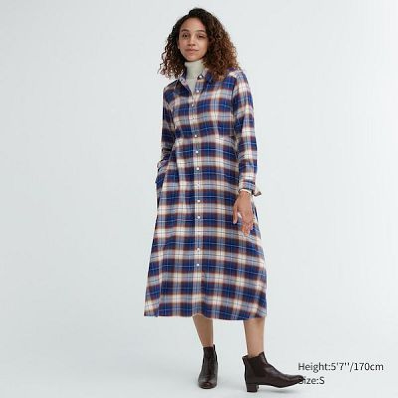 Peignoir Uniqlo Soft Brushed Checked Long-Sleeve Femme Bleu | 2733552