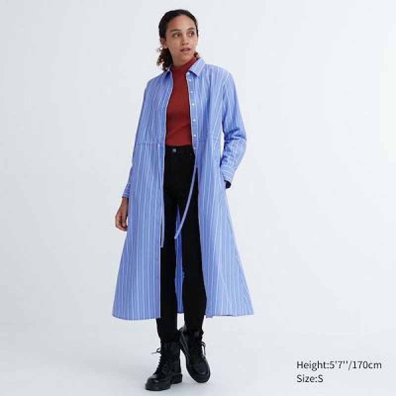 Peignoir Uniqlo Striped Cotton Long-Sleeve Femme Bleu | 348666