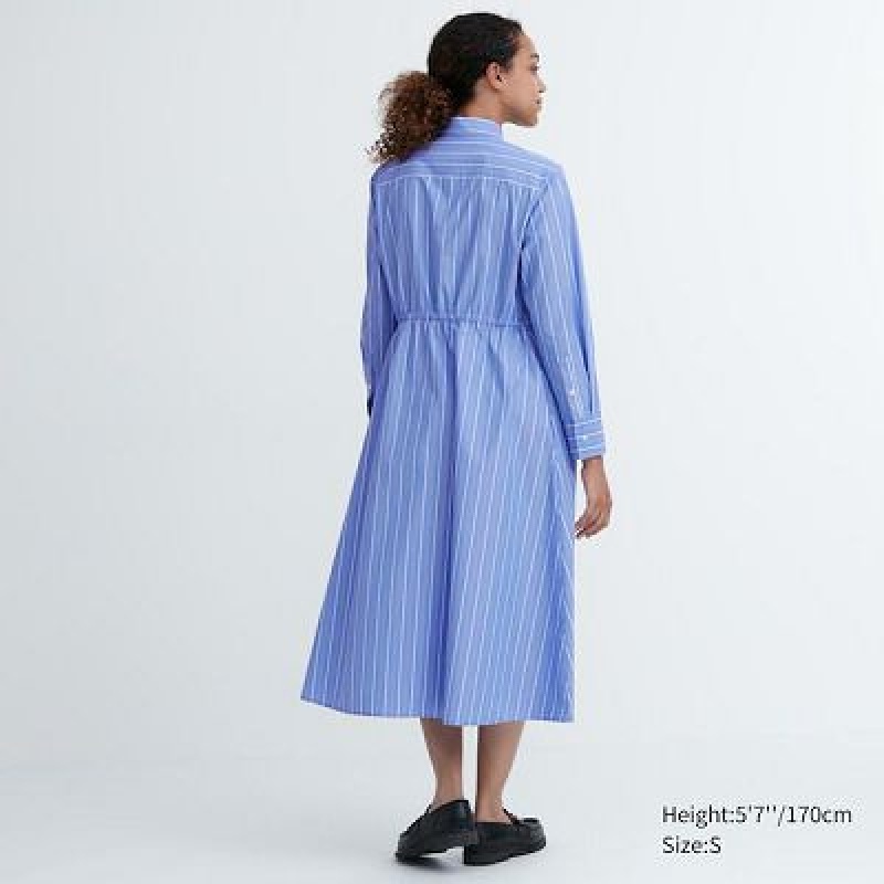 Peignoir Uniqlo Striped Cotton Long-Sleeve Femme Bleu | 348666