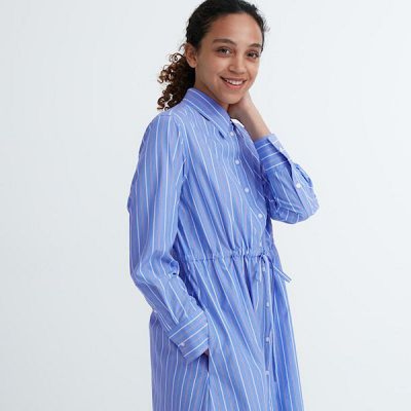 Peignoir Uniqlo Striped Cotton Long-Sleeve Femme Bleu | 348666