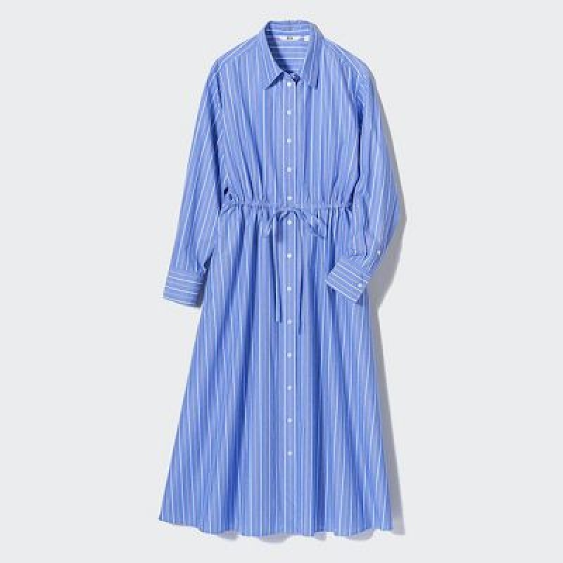 Peignoir Uniqlo Striped Cotton Long-Sleeve Femme Bleu | 348666