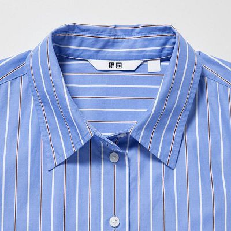Peignoir Uniqlo Striped Cotton Long-Sleeve Femme Bleu | 348666