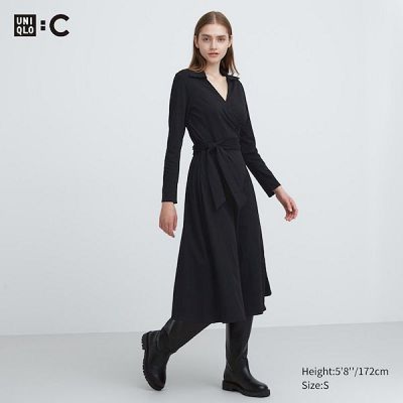 Peignoir Uniqlo Wrap Long-Sleeve Femme Noir | 5947015