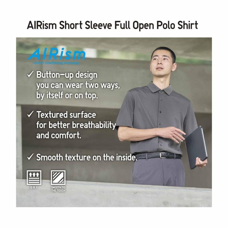 Polos Uniqlo Airism Full Open Short-sleeve Homme Grise | 3593384