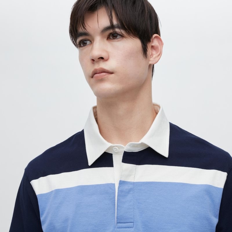 Polos Uniqlo Rugger Striped Short-sleeve Homme Bleu | 5990629