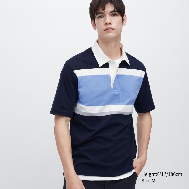 Polos Uniqlo Rugger Striped Short-sleeve Homme Bleu | 5990629