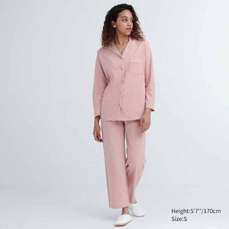 Pyjamas Uniqlo AIRism Cotton Long-Sleeve Femme Rose | 5668096