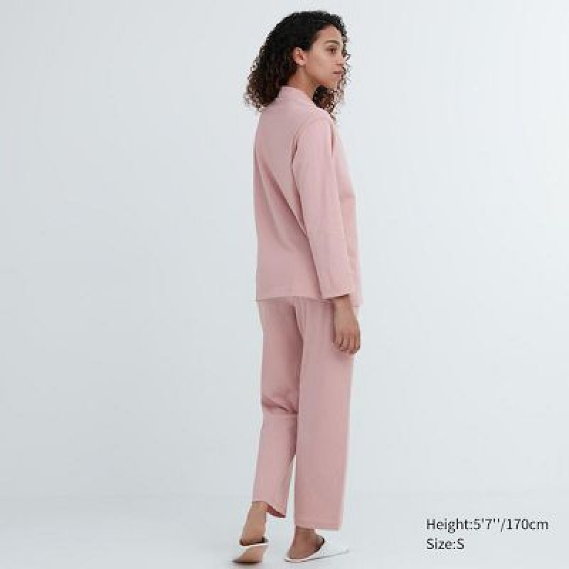 Pyjamas Uniqlo AIRism Cotton Long-Sleeve Femme Rose | 5668096