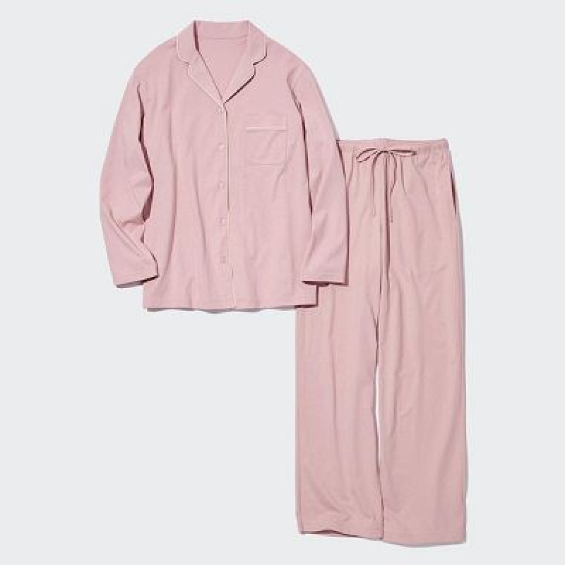 Pyjamas Uniqlo AIRism Cotton Long-Sleeve Femme Rose | 5668096