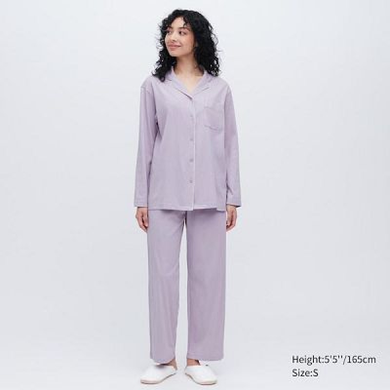 Pyjamas Uniqlo AIRism Cotton Long-Sleeve Femme Violette | 493656
