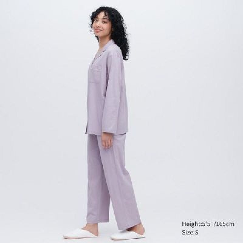 Pyjamas Uniqlo AIRism Cotton Long-Sleeve Femme Violette | 493656