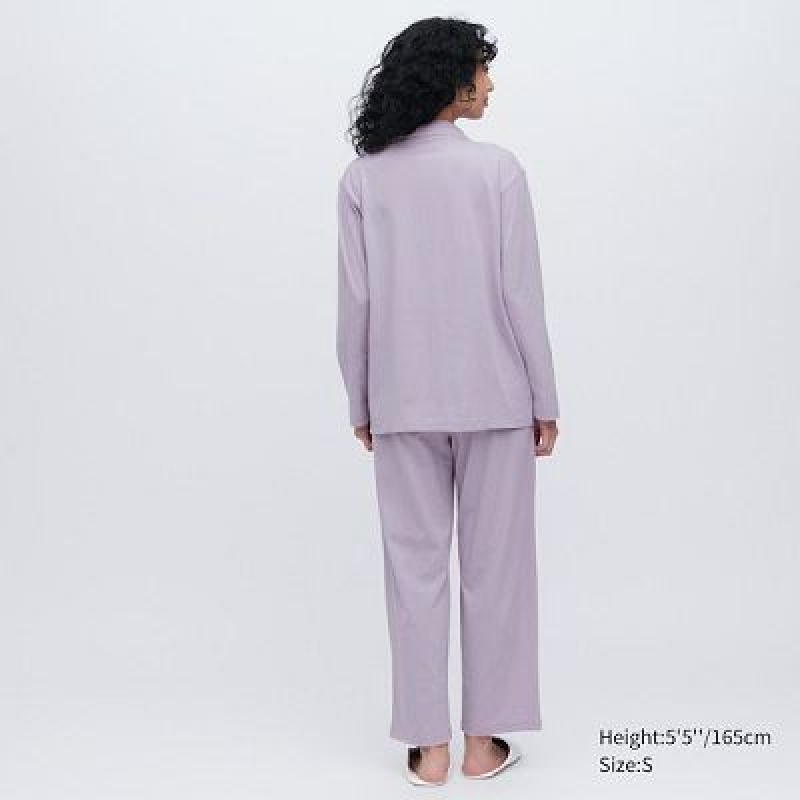 Pyjamas Uniqlo AIRism Cotton Long-Sleeve Femme Violette | 493656