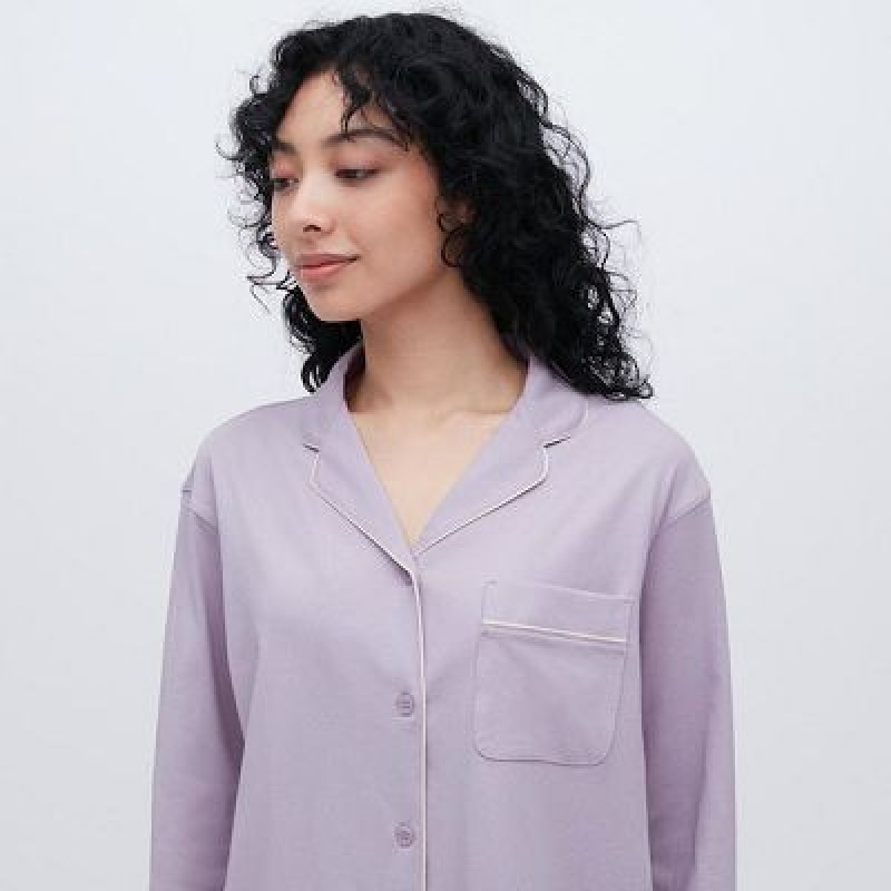 Pyjamas Uniqlo AIRism Cotton Long-Sleeve Femme Violette | 493656