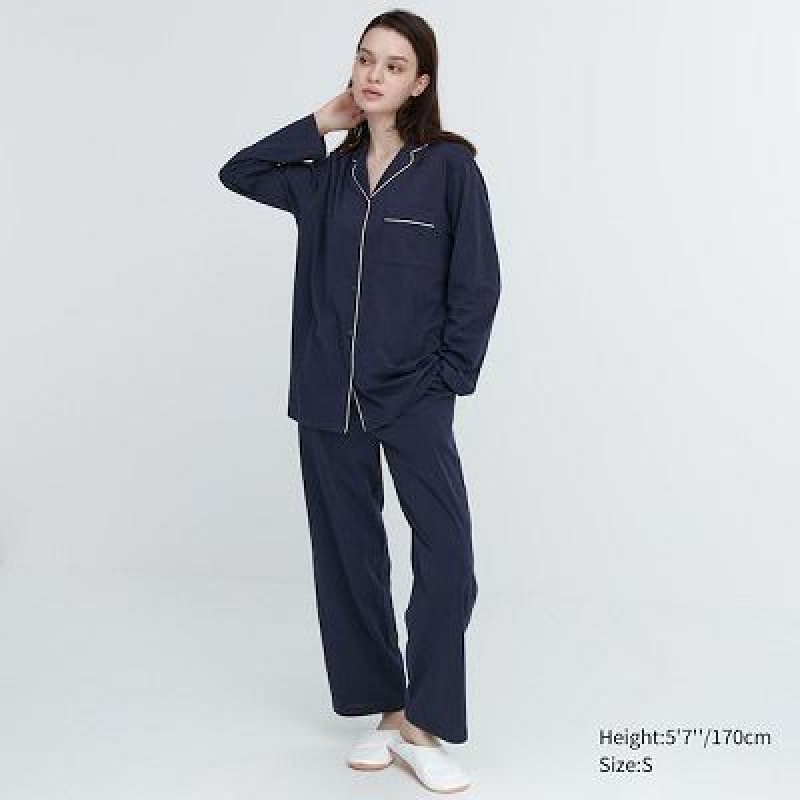 Pyjamas Uniqlo AIRism Cotton Long-Sleeve Femme Bleu Marine | 2593505