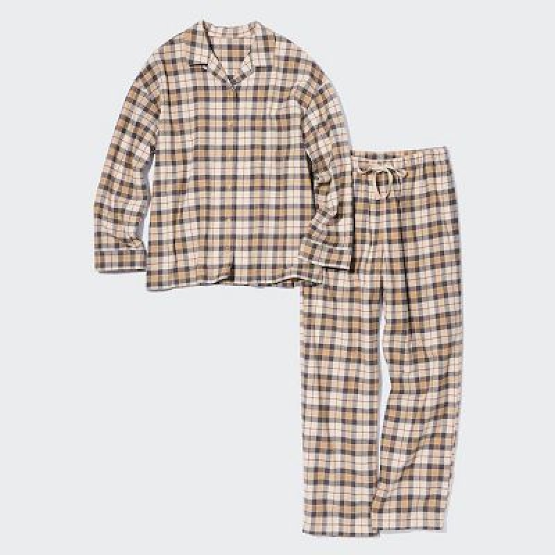Pyjamas Uniqlo Flannel Long-Sleeve Femme Beige | 8180902