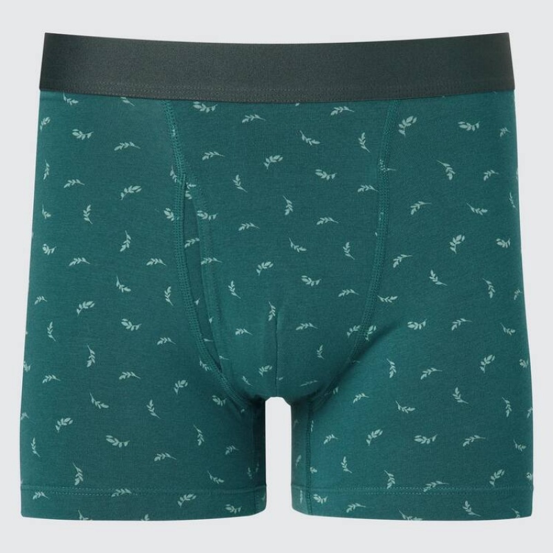 Sous Vêtement Uniqlo Cotton Printed Boxer Homme Vert | 639725
