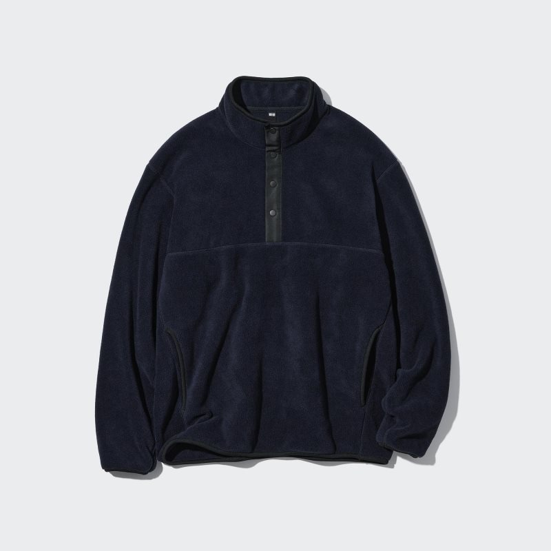 Sweat a Capuche Uniqlo Fleece Button Up Long Sleeve Pullover Homme Bleu Marine | 6778691