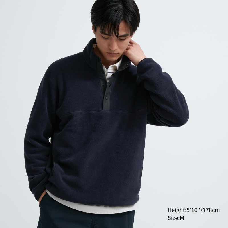 Sweat a Capuche Uniqlo Fleece Button Up Long Sleeve Pullover Homme Bleu Marine | 6778691
