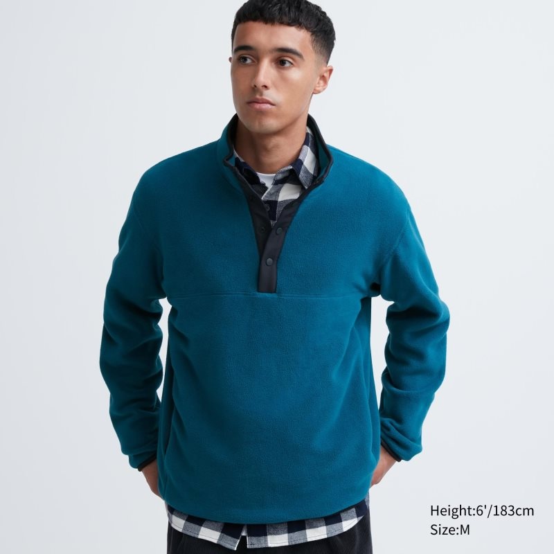 Sweat a Capuche Uniqlo Fleece Button Up Long Sleeve Pullover Homme Bleu | 5036477