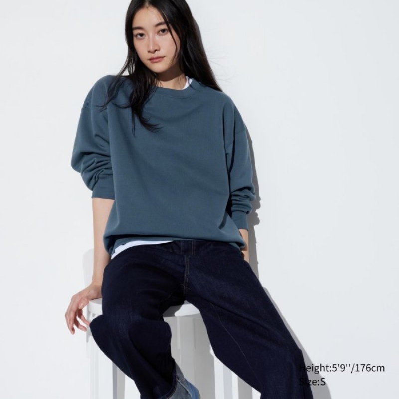 Sweats Uniqlo Crew Neck Long-Sleeve Femme Bleu | 5406527