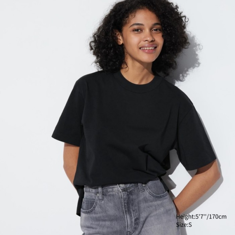 T Shirts Uniqlo AIRism Cotton Short Sleeve Femme Noir | 1927414
