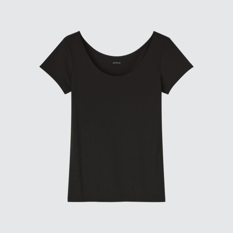 T Shirts Uniqlo AIRism Scoop Neck Short-Sleeve Femme Noir | 257596