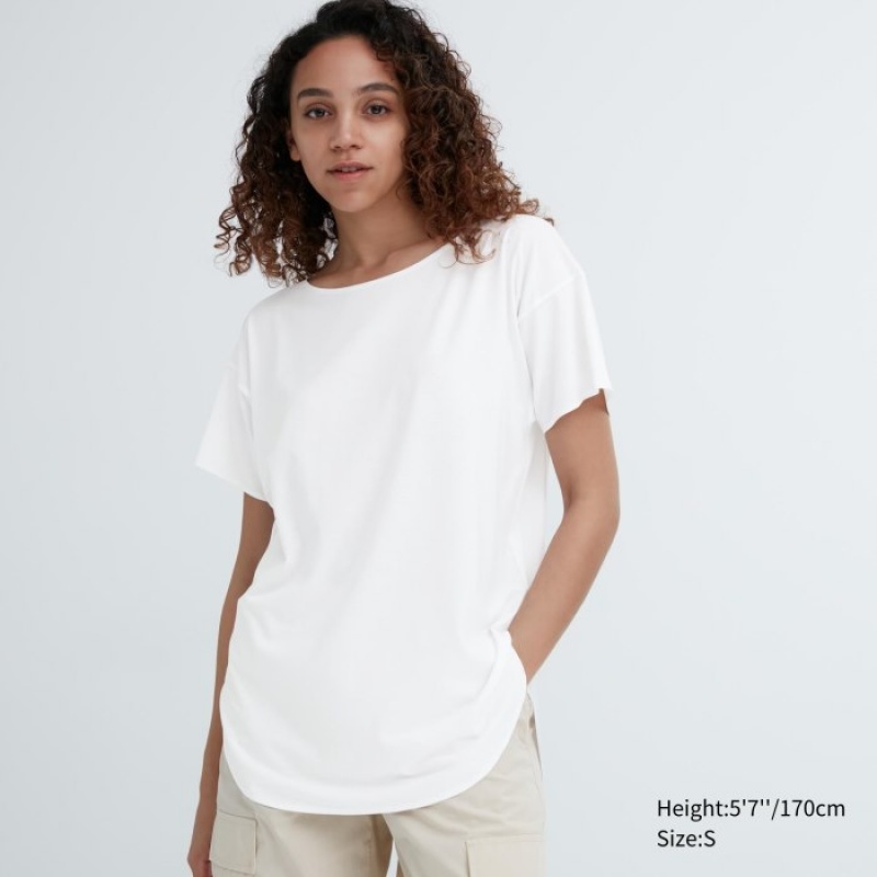 T Shirts Uniqlo AIRism Seamless Boat Neck Short-Sleeve Long Femme Blanche | 9300499