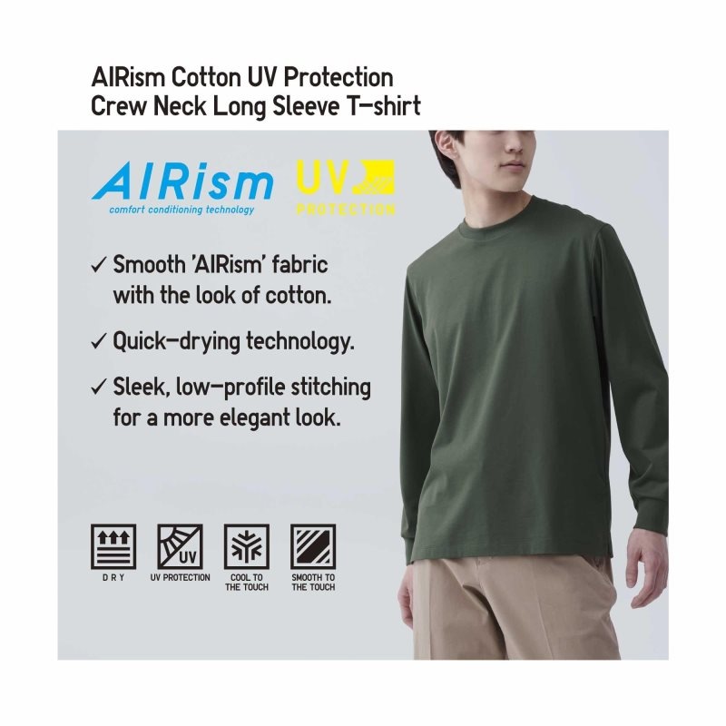 T Shirts Uniqlo Airism Cotton Uv Protection Crew Neck Long-sleeve Homme Grise | 4117942