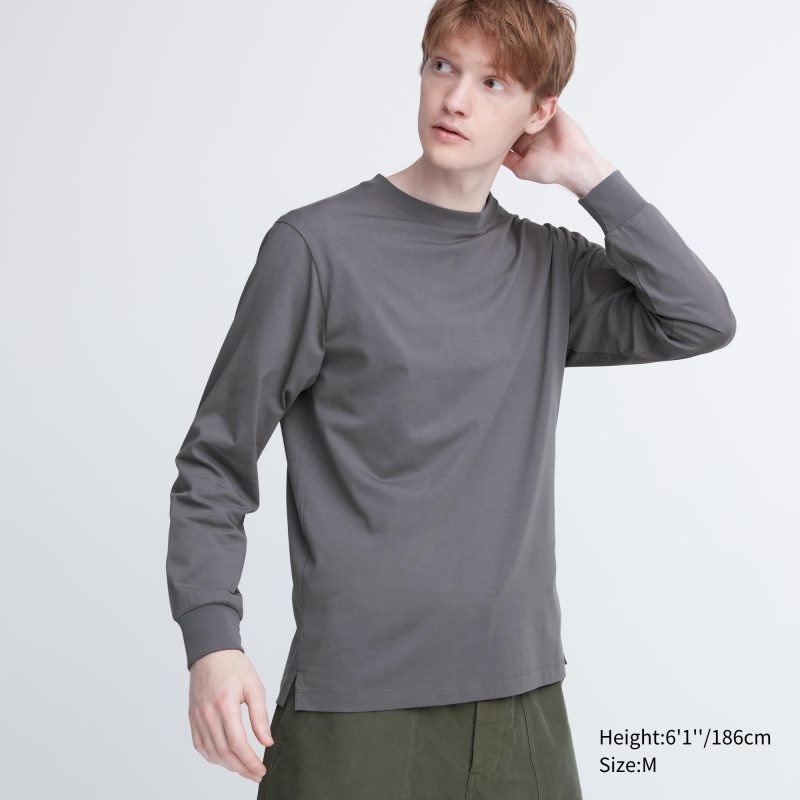 T Shirts Uniqlo Airism Cotton Uv Protection Crew Neck Long-sleeve Homme Grise | 4117942
