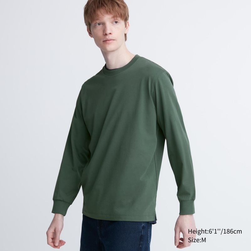 T Shirts Uniqlo Airism Cotton Uv Protection Crew Neck Long-sleeve Homme Vert | 8730197