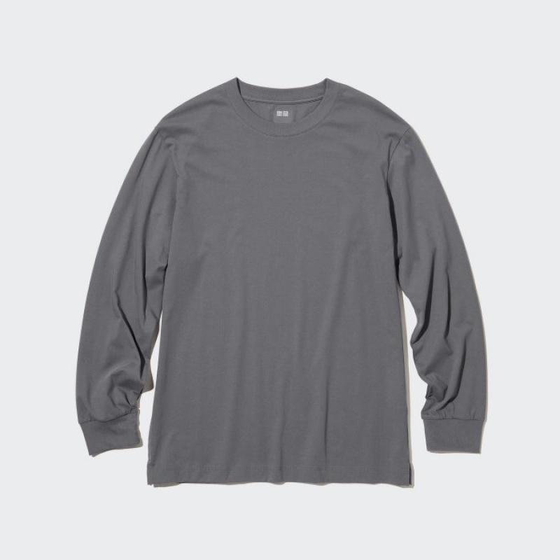 T Shirts Uniqlo Airism Cotton Uv Protection Crew Neck Long-sleeve Femme Grise | 6556359