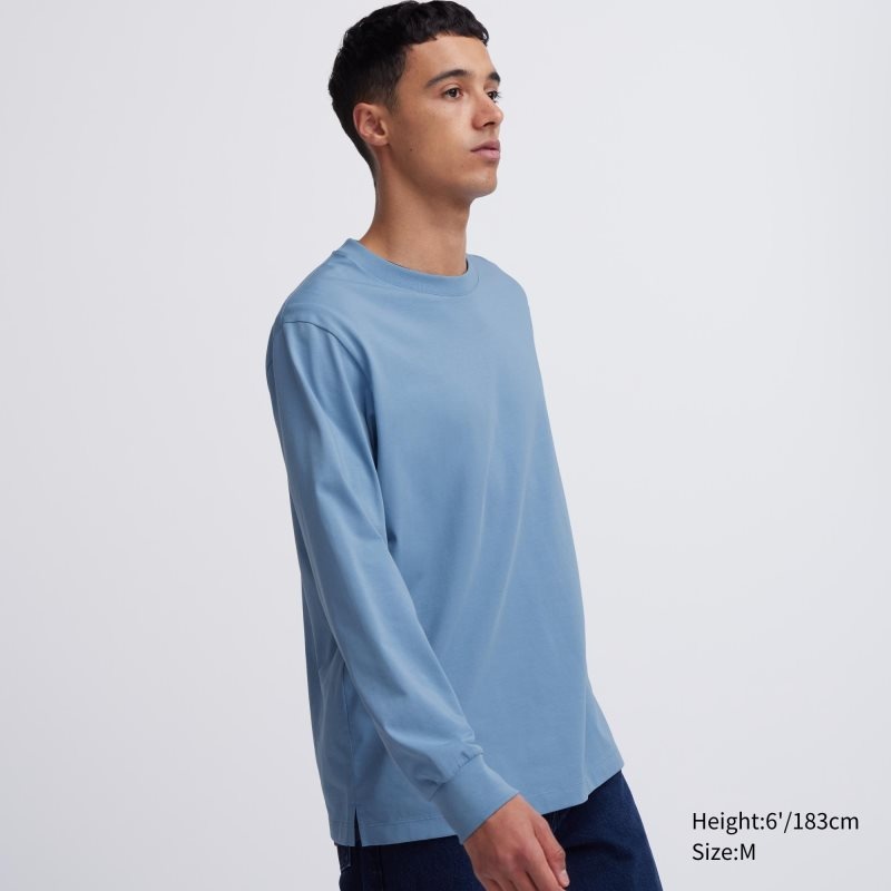 T Shirts Uniqlo Airism Cotton Uv Protection Crew Neck Long-sleeve Homme Bleu | 2910080