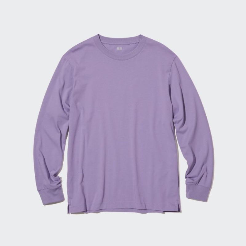 T Shirts Uniqlo Airism Cotton Uv Protection Crew Neck Long-sleeve Femme Violette | 4592425