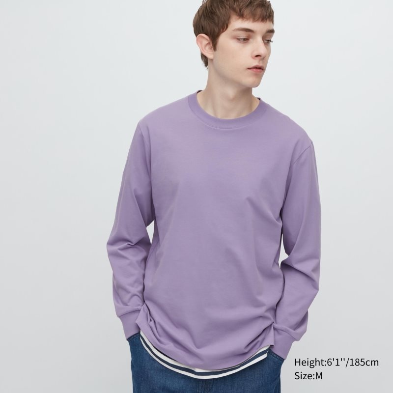 T Shirts Uniqlo Airism Cotton Uv Protection Crew Neck Homme Violette | 2102420
