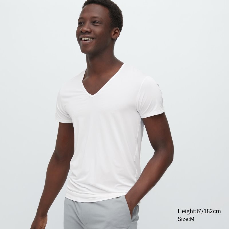 T Shirts Uniqlo Airism V-neck Short-sleeve Homme Blanche | 6713635
