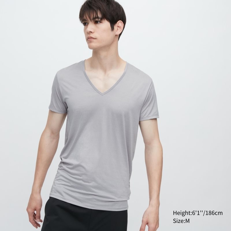 T Shirts Uniqlo Airism V-neck Short-sleeve Homme Grise | 3699984