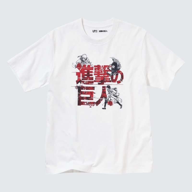 T Shirts Uniqlo Attack On Titan Ut Short-sleeve Graphic Eren, Mikasa, And Armin Homme Blanche | 3360296