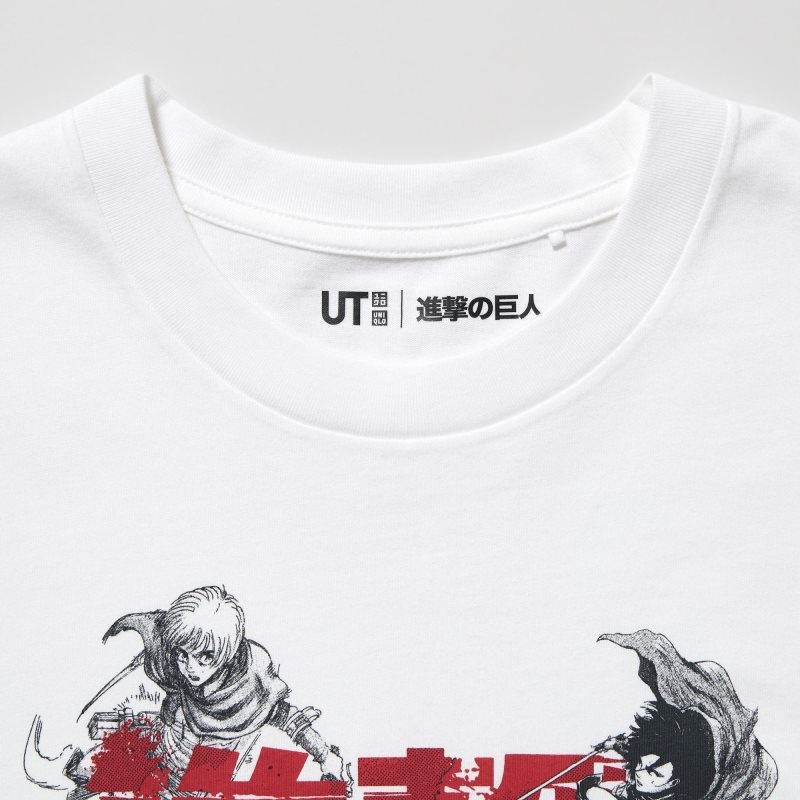 T Shirts Uniqlo Attack On Titan Ut Short-sleeve Graphic Eren, Mikasa, And Armin Homme Blanche | 3360296
