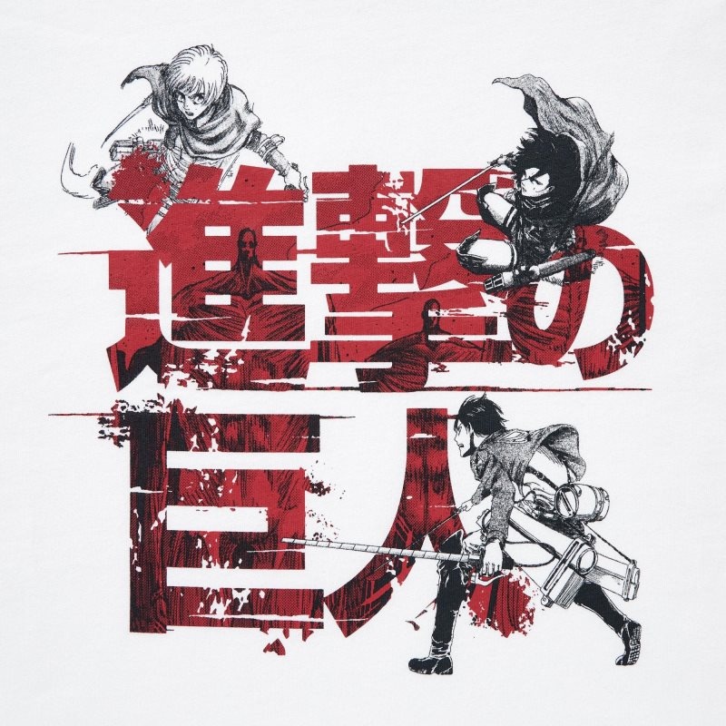 T Shirts Uniqlo Attack On Titan Ut Short-sleeve Graphic Eren, Mikasa, And Armin Homme Blanche | 3360296