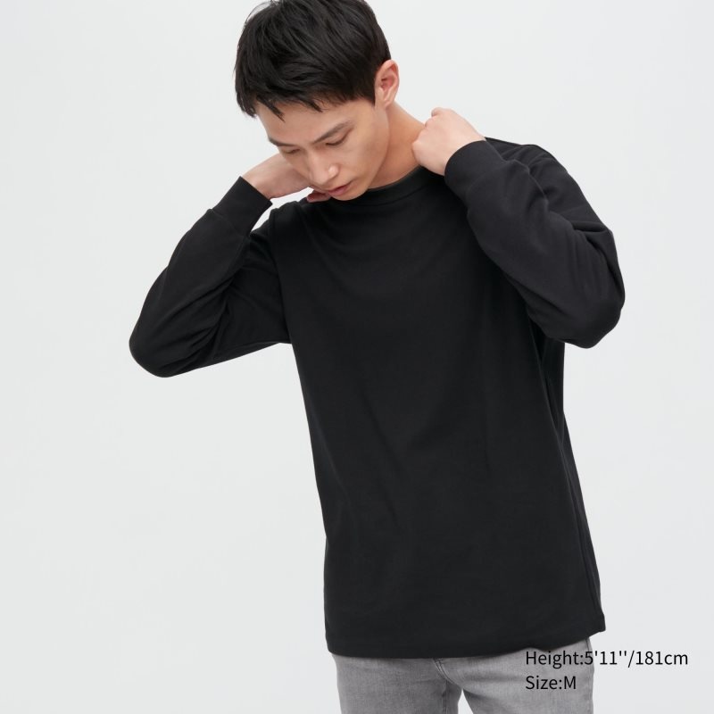 T Shirts Uniqlo Brushed Cotton Crew Neck Long-sleeve Homme Noir | 9840202