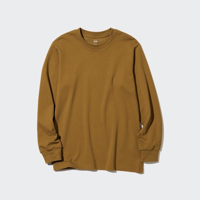 T Shirts Uniqlo Brushed Cotton Crew Neck Long-sleeve Homme Marron | 7341241