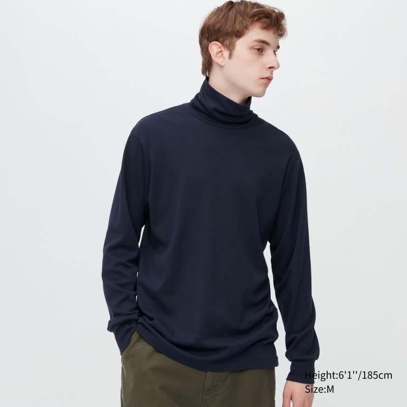 T Shirts Uniqlo Brushed Cotton Turtleneck Long-sleeve Homme Bleu Marine | 9298186