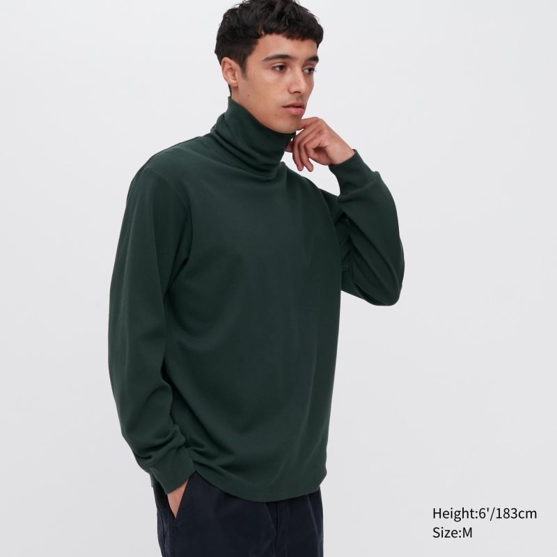 T Shirts Uniqlo Brushed Cotton Turtleneck Long-sleeve Homme Vert | 9065694